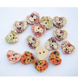 Wooden Button Heart 1,5cm Kitty