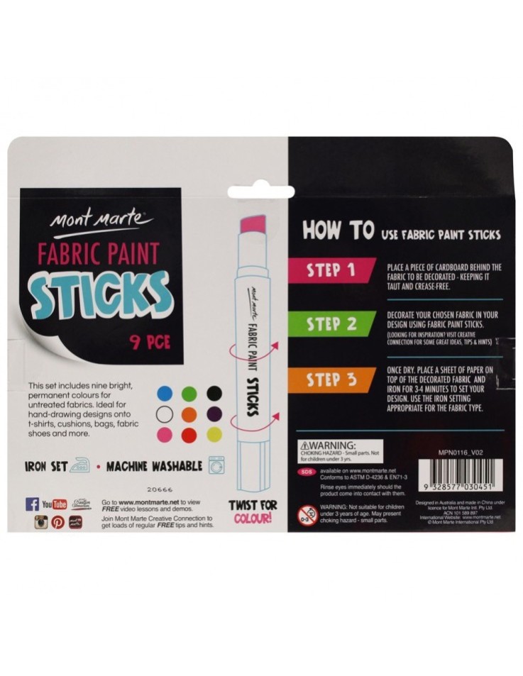 Μπογιές υφάσματος σε στικ 9pcs x 5gr - Mont Marte