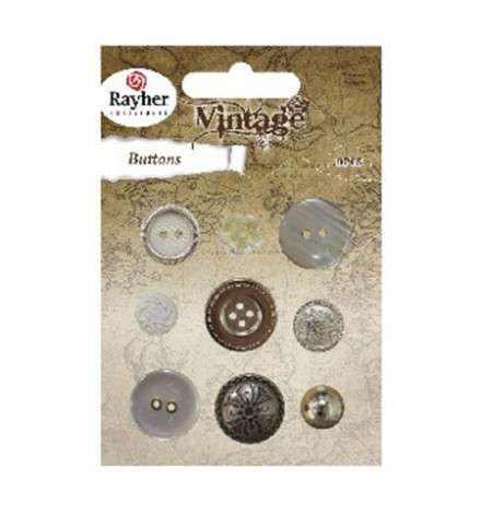 Plastic Buttons 9pcs Vintage Silver