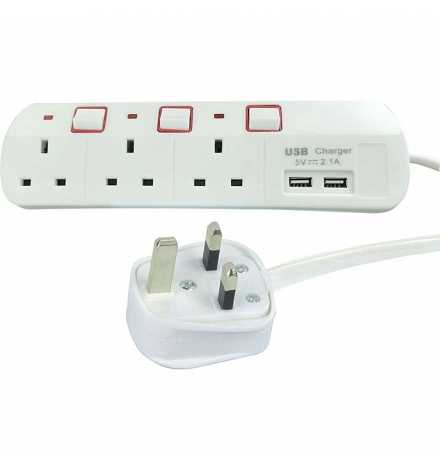 Power Extension 3way + 2USB 3m