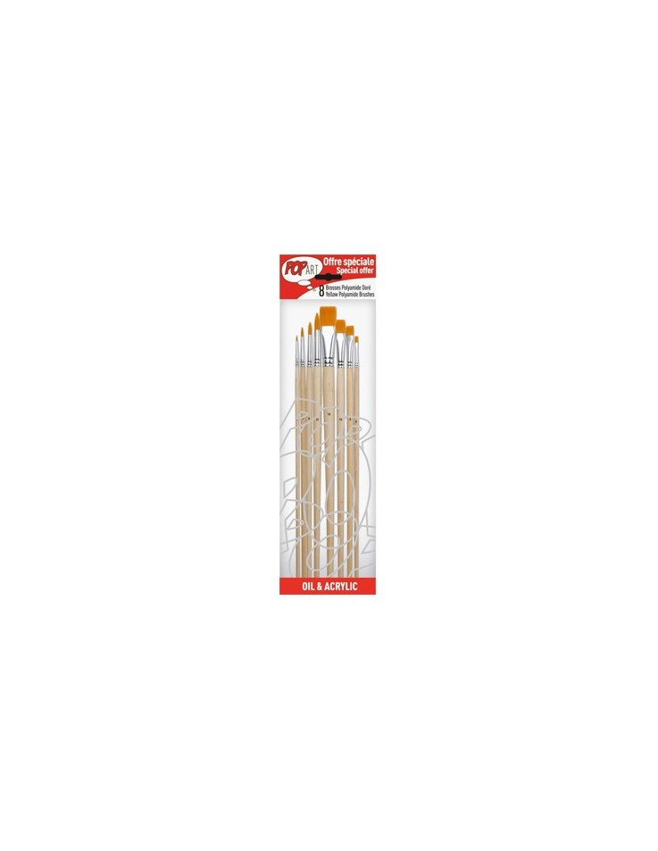 Paint Brushes Yellow 8pcs 4 Round + 4 Flat