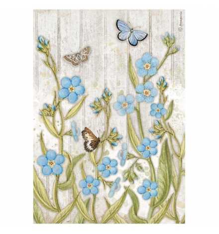 Ricepaper A4: "Romantic Garden House blue flowers and butterfly"