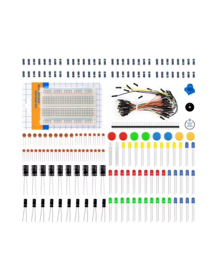 Plastic organizer box filled with electronic components, breadboard, resistors, LEDs, and jumper wires.