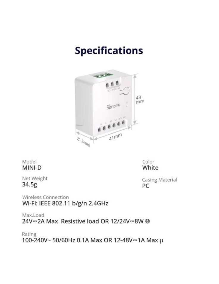 Sonoff MINI-D Dry Contact WiFi Smart Switch 2A