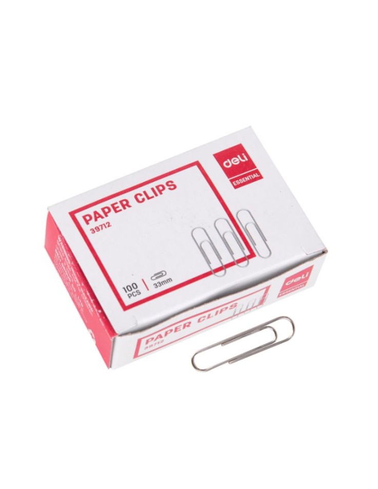 Deli metal paper clips 33mm with nickel-plated finish, paper box of 100 pieces