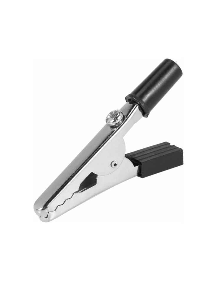 Black partially insulated Axiomet crocodile clip featuring a 4mm banana socket and a wire support screw.