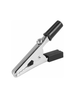 Black partially insulated Axiomet crocodile clip featuring a 4mm banana socket and a wire support screw.