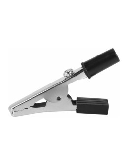 Black partially insulated Axiomet crocodile clip featuring a 4mm banana socket and a wire support screw. 2