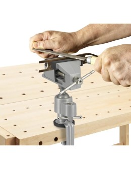 Holding a small workpiece in a Toolcraft vice on a workbench