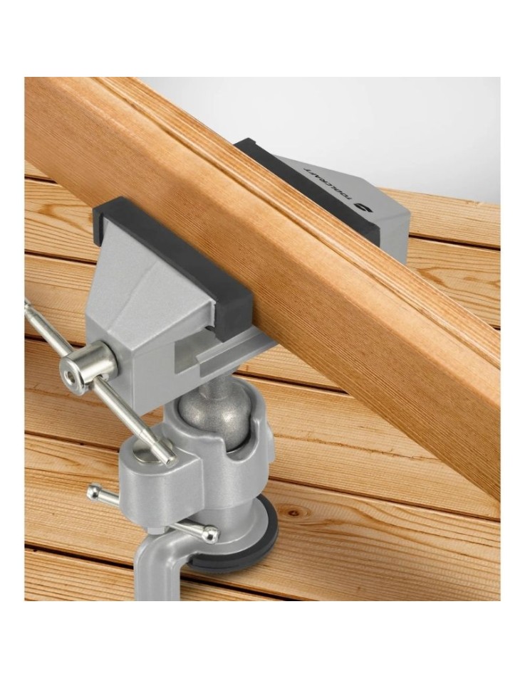 Toolcraft vice clamped to a wooden surface holding a wooden board