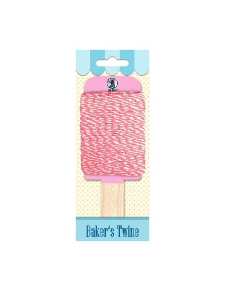 Ursus Bakers Twine cotton cord 1.1mm x 15m in pink and white on a wooden handle